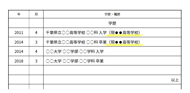学校名が変わったときの履歴書の書き方